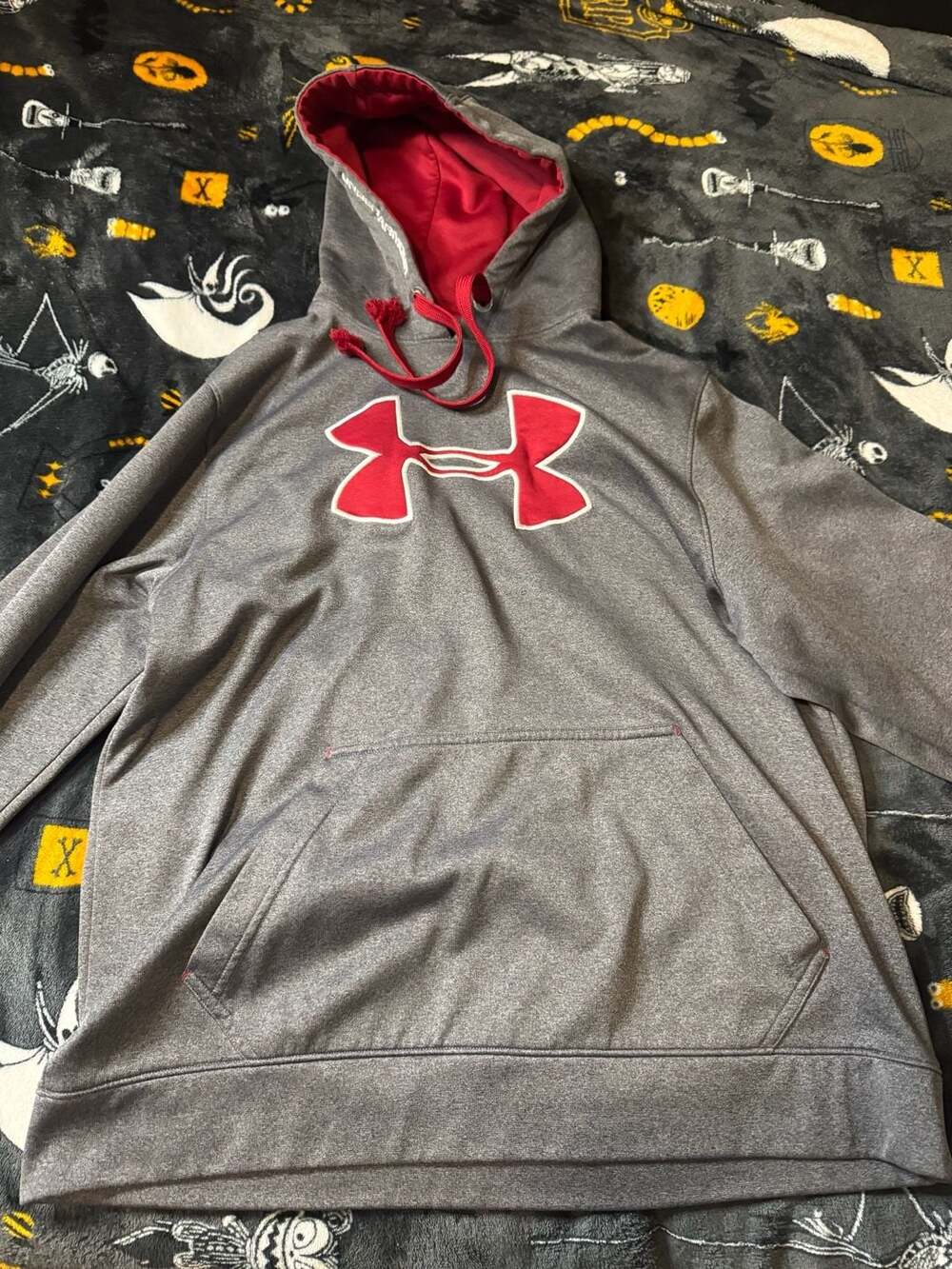Under Armour Gray and Red Big Logo Loose Fit Hoodie Sweatshirt Size Large